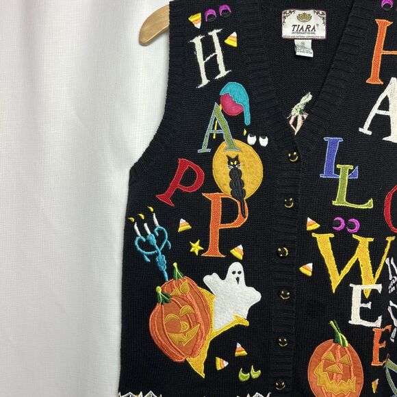 Tiara International Halloween Sweater Vest Size Medium Embroidered Pumpkin Ghost - Picture 2 of 12
